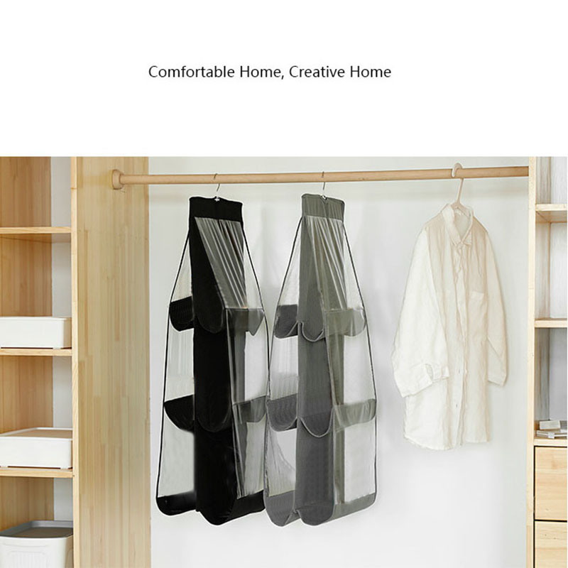 Double Side Transparent 6 Pocket Foldable Hanging Bag Clothes Storage Organizer Wardrobe Closet Finishing Storage Hanger