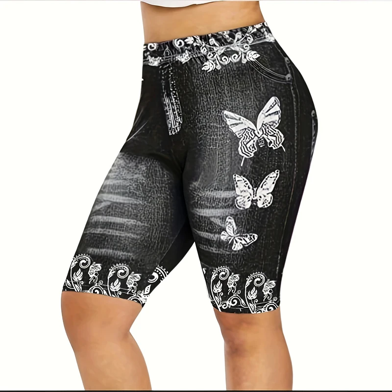 High Waist Women's Leggings Comfy Faux Denim Floral Geometric Patterns Y2K Style - Perfect for Yoga Casual Wear All Seas: S / black