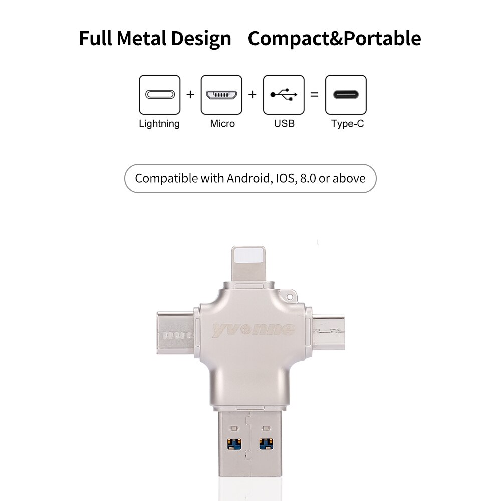 yvonne Y23 USB2.0 U Disk 32GB 16GB USB Lightnning Micro USB Type-C Four-In-One High Speed OTG U Disk for Phone/PC/Laptop Silver