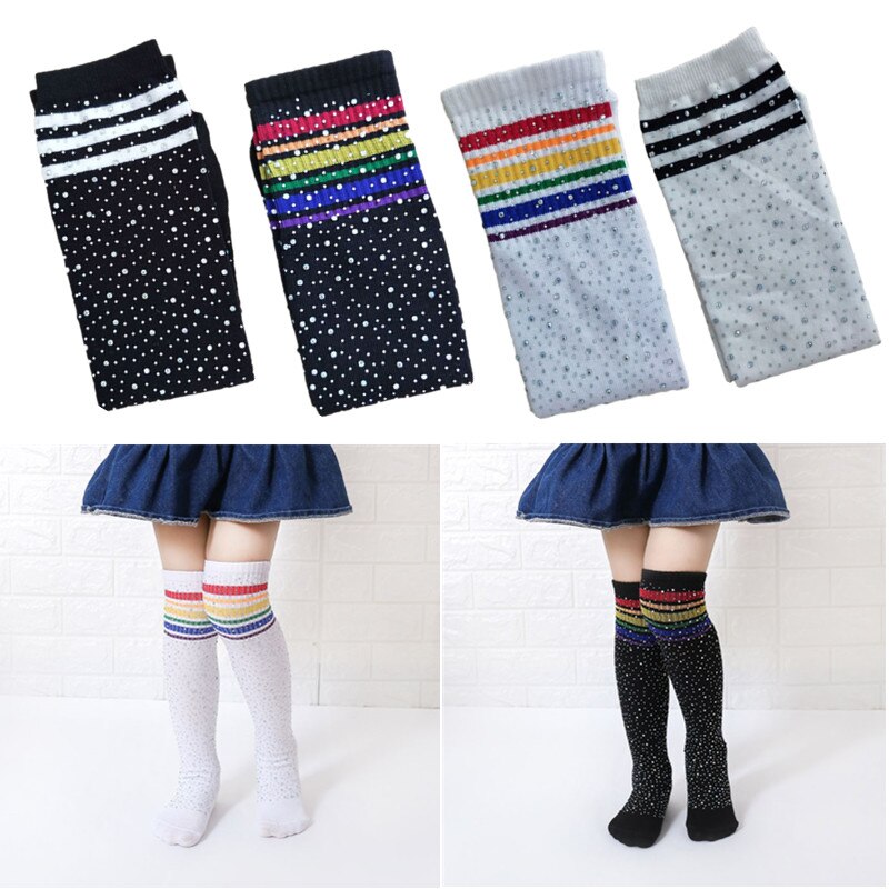 Neue freundlicher Knie Hohe Gestreifte Socken Strass Regenbogen Mädchen Aktien freundlicher Socken Mädchen Jungen Lange Röhre Warme Baumwolle Socke für 3-12Y