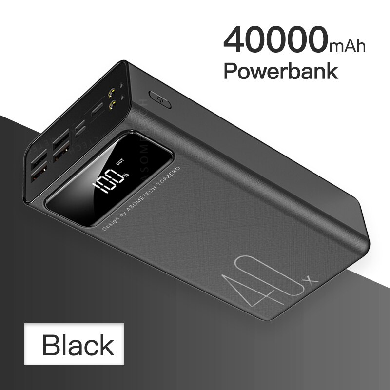 Power Bank 40000mah 4 USB Portable Powerbank LED Digital Display External Battery Phone Charger For iPhone Huawei Xiaomi Samsung: Black