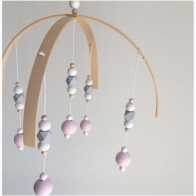 Baby Crib Mobile Rattle Toys Wooden Beads Wind Chimes Bed Bell Tent Hanging Decoration Kids Newborn Girl Boy Nursery Decor: white pink gery