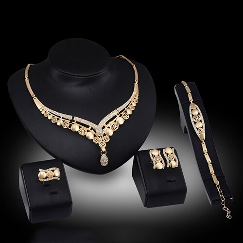 Bruids Sieraden Sets Voor Vrouwen Kraag Ketting Armband Ring Oorbellen Luxe Sieraden Set Rvs Sieraden Bijoux