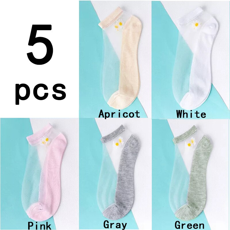 Calcetines de malla ultrafinos para mujer, medias transparentes de seda y fibra de vidrio, tobilleras, margaritas y flores, Sexy, 5 par/lote: Style 4