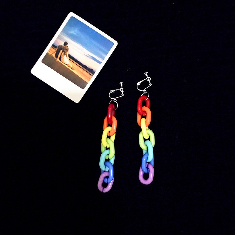 CHUHAN Punk Hiphop Acrylic Rainbow Chain Earrings Fun Cool Dangle Earrings for Girls Women Earrings for Women: Ear clip