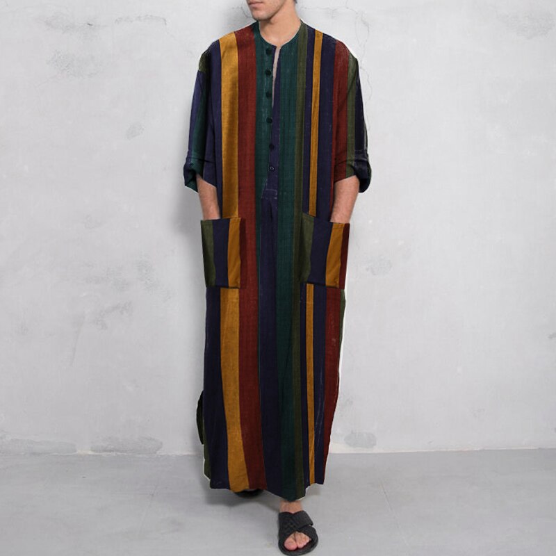 Túnica popular de Oriente Medio para hombre, informal islámica de manga larga árabe a rayas, Túnica musulmana de Camisa estampada, otoño e invierno,