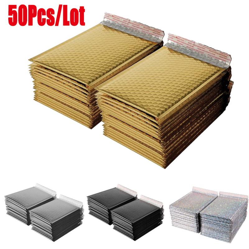 50 stks/partij Schuim Envelop Self Seal Mailers Gewatteerde Enveloppen Met Bubble Mailing Tas Pakketten Zwart Goud Zilver