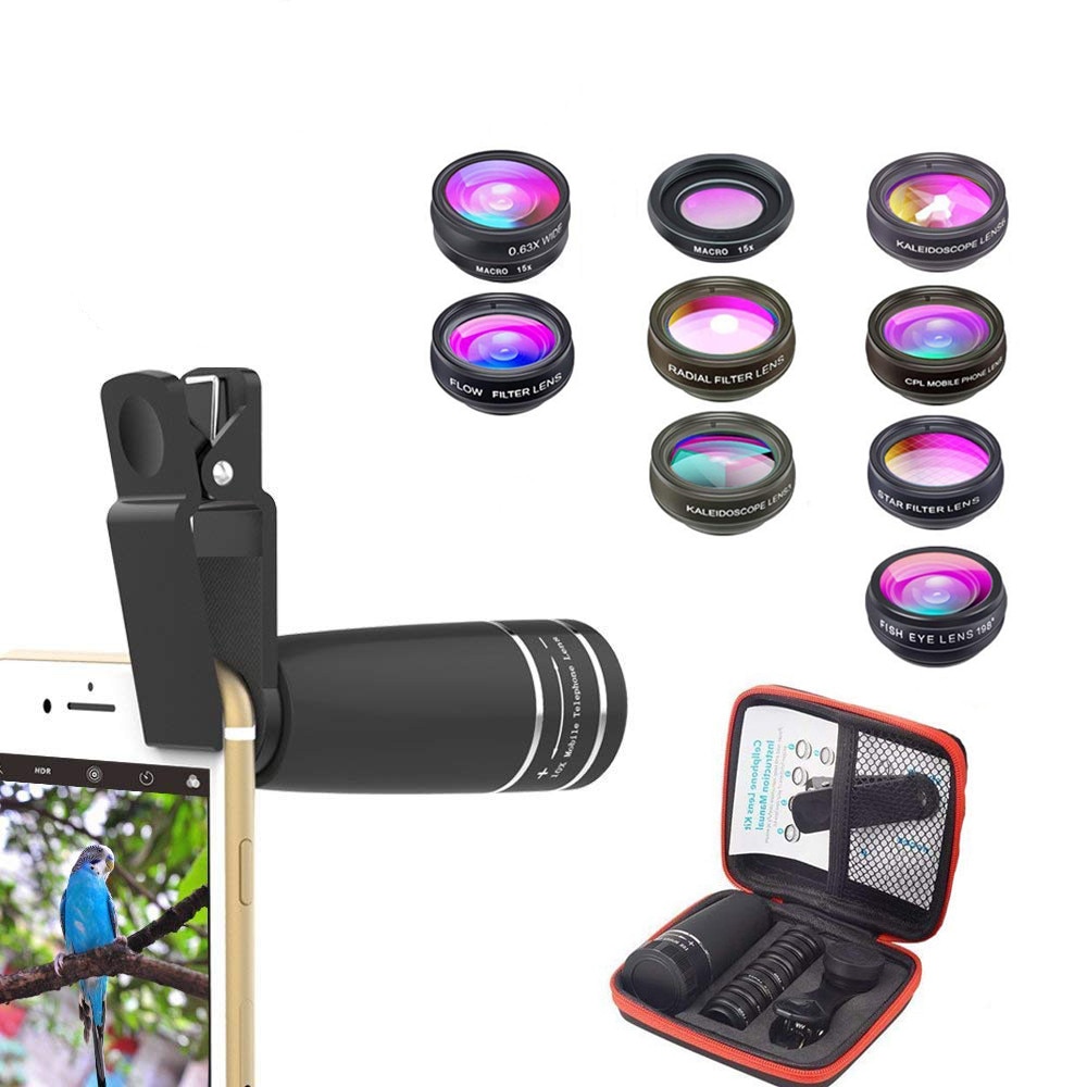 Apexel 10 In 1 Mobiele Telefoon Lens Tele Fisheye Lens Groothoek Macro Lens + Cpl/Flow/Radial/Star Filter Voor Alle Smartphones
