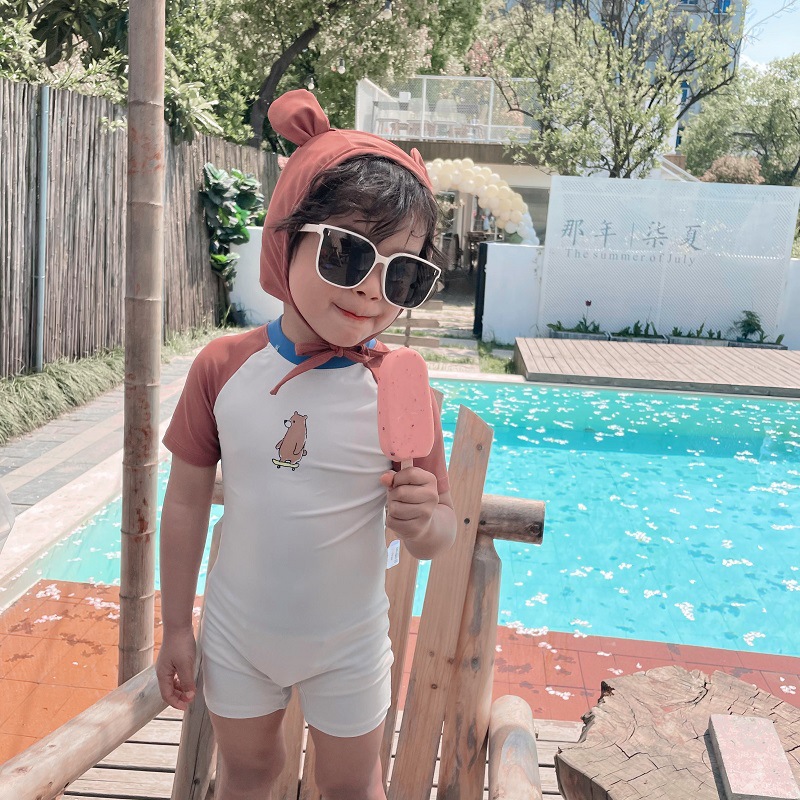 Maillot de bain ours pour enfants, à manches longues, Protection solaire, mignon, pour garçons, 2148C: 140 for 9y