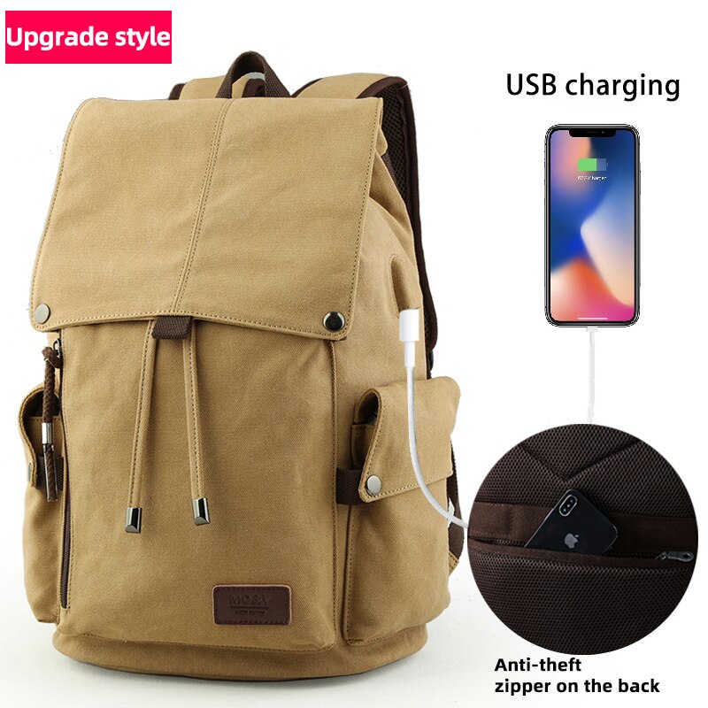 MOYYI degli uomini 14 pollici Del Computer Portatile Zaino della Tela di Canapa Dell'annata Zaino Unisex Borse Da Viaggio USB di Ricarica Zainetto Studente Mochia: USB Zipper Khaki