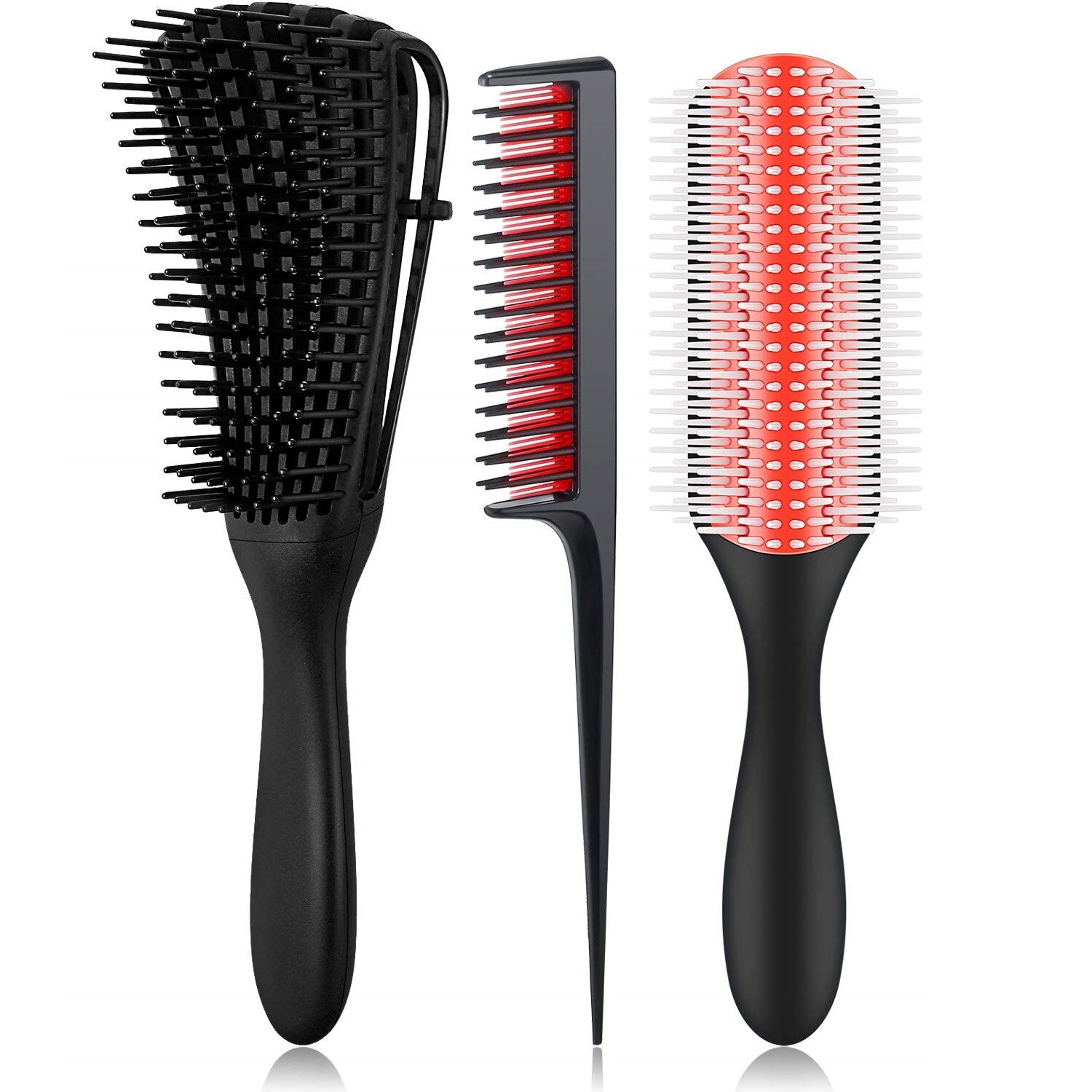Detangling Hair Brush Detangler Hair Comb 9-Rows Cushion Nylon Bristle Edge Brush Rat Tail Comb for 3a to 4c Curly Wet Hair: Kit 5