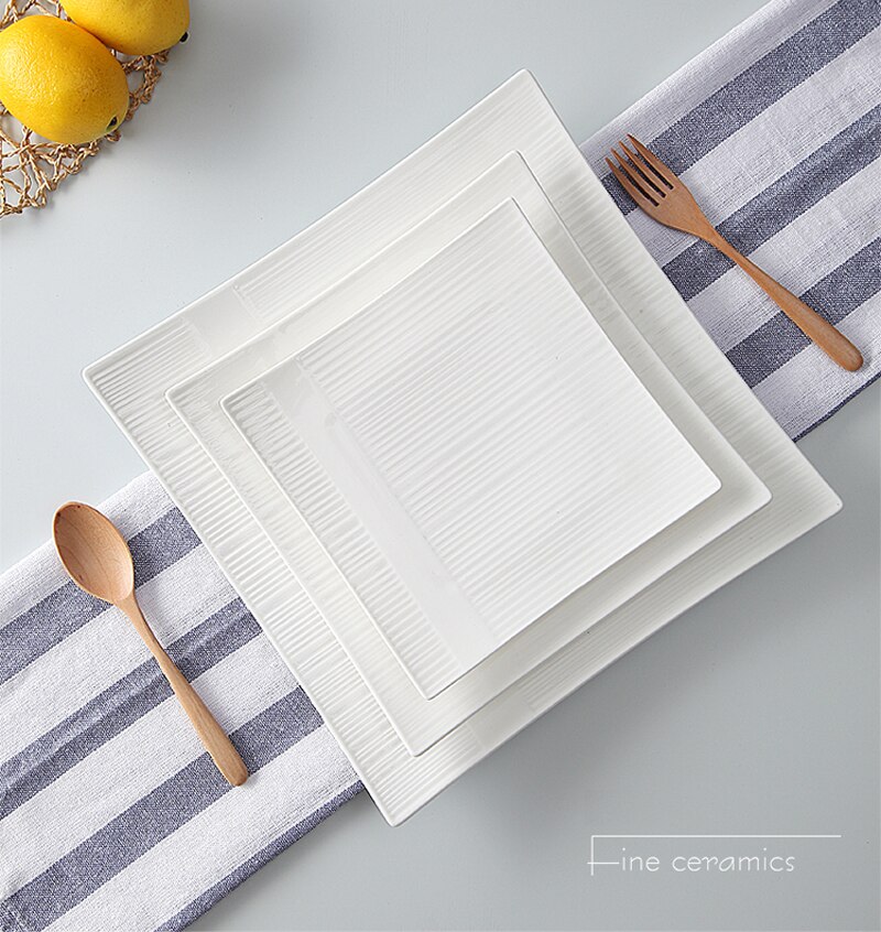 3pcs set, 6+8+10inch, plain white embossed porcelain charger plates for dinner, ceramic platter, square serving plate, salad: Default Title