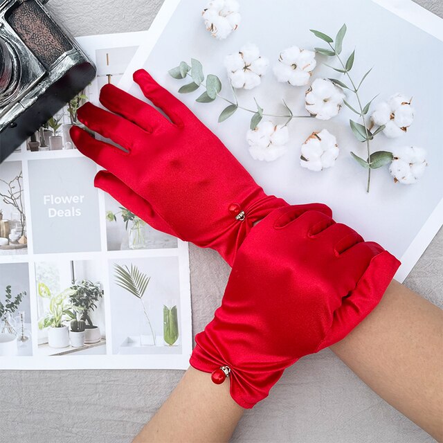 Women's Summer Thin Short Satin Elastic Etiquette Dress Gloves Pearl Lace Bow UV Sunscreen Cycling Driving Mittens K69: Red