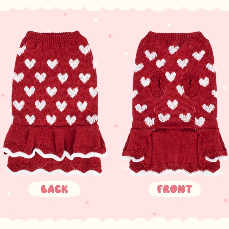 Small dog sweater dress winter warm dog princess dress for female girls red heart puppy dress dog pullover knitwear