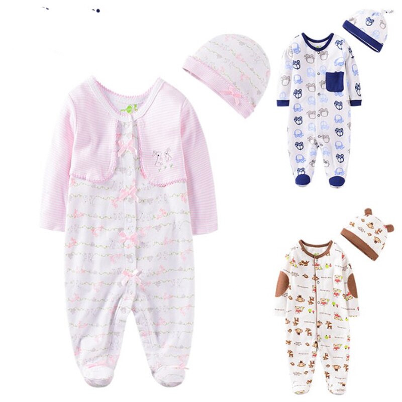 0-12 Maand Baby Boy Kleding 2 Stuks/set Pasgeboren Baby Meisje Jumpsuit + Cap Lange Mouwen Katoen Herfst Mode zuigeling Footies