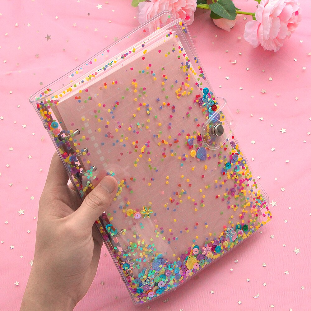 A5 A6 mignon Transparent PVC paillettes couverture bureau école 6 anneaux reliure spirale planificateur Agenda organisateur cahiers papeterie