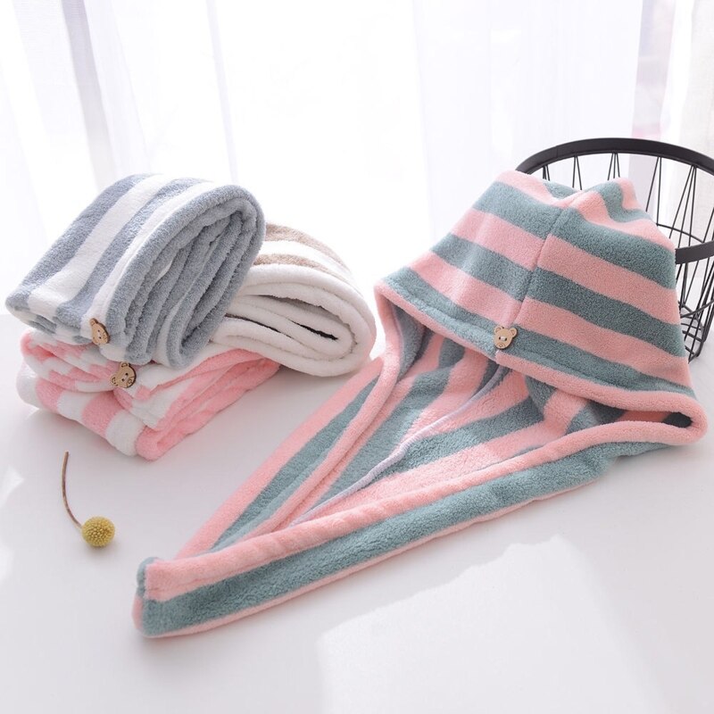 Droog Haar Cap Super Absorberende Haardrooginrichtingen Hoed Snel Droog Gestreepte Douche Haar Tulband Coral Fleece Haar Handdoek Voor Drogen krullend Lange