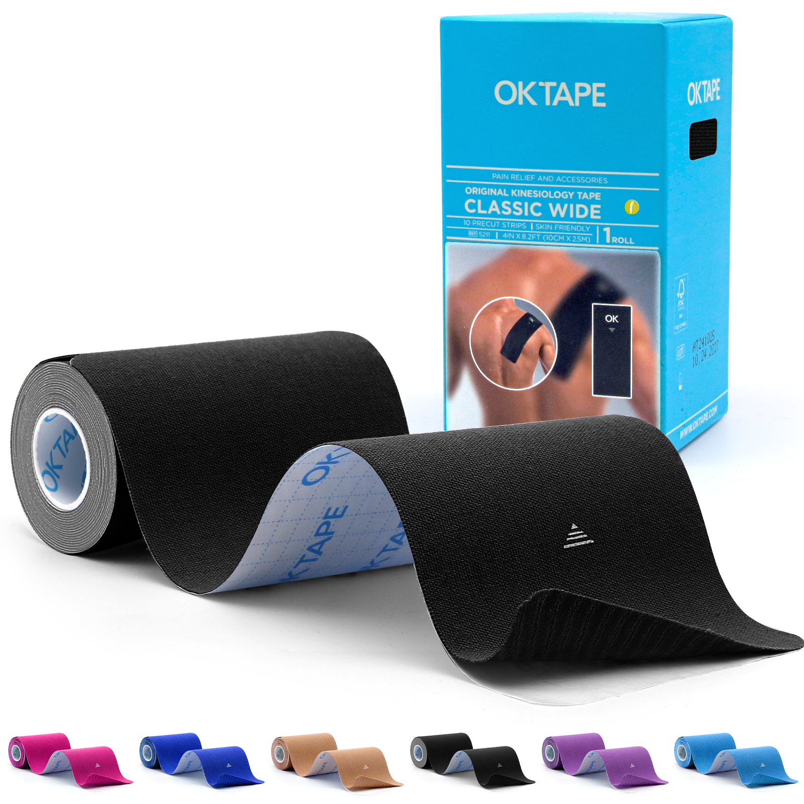 OK TAPE Breites Kinesiologie-Tape, vorgeschnittene K-Tape-Streifen zur Schmerzlinderung und zur Gelenkunterstützung | Rücken, Schulter, Knie (4" x 10" - 20 Stück): Black