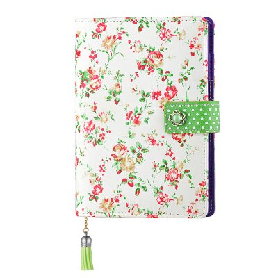 Kawaii A6 Korean lock leather notebook writing pads flower girl loose leaf password mini lockable diary school supplies: pearl button green / Cover with paper