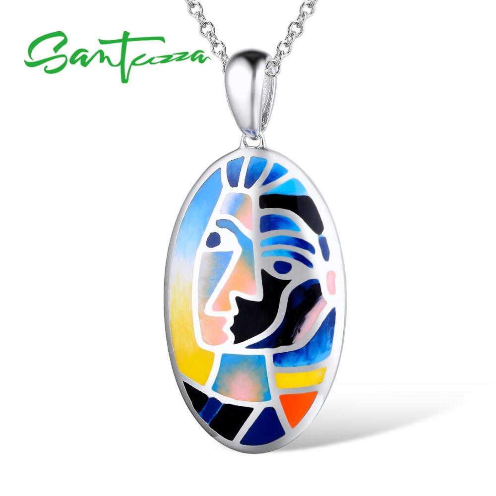 SANTUZZA 100% 925 Sterling Silver Pendants For Women Oval Colorful Handmade Enamel Character Trendy Delicate Fine Jewelry