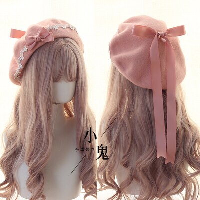 Søt jente lolita kjole tilbehør rosa kawaii bowknot beret søt blonder lett matchende høst vinter loli lue: 5