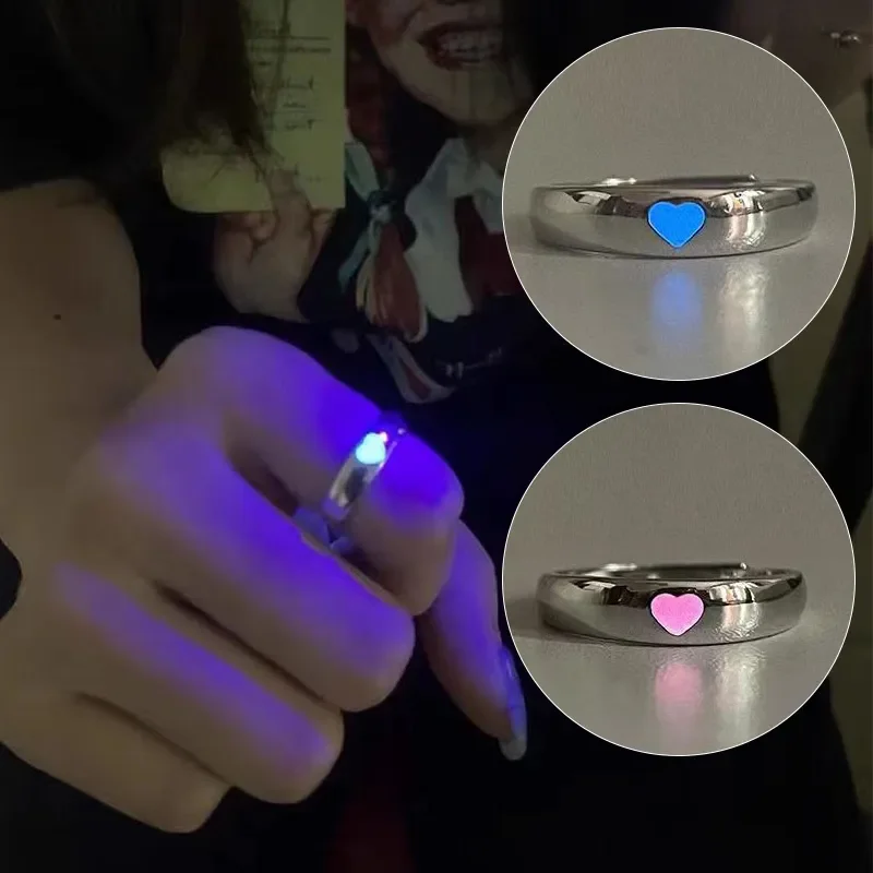 Glow In Dark Ring Lichtgevend Blauw Roze Licht Liefde Hart Ring Koppels Meisjes Zilver Kleur Sieraden Maat Verstelbaar Mode Ringen