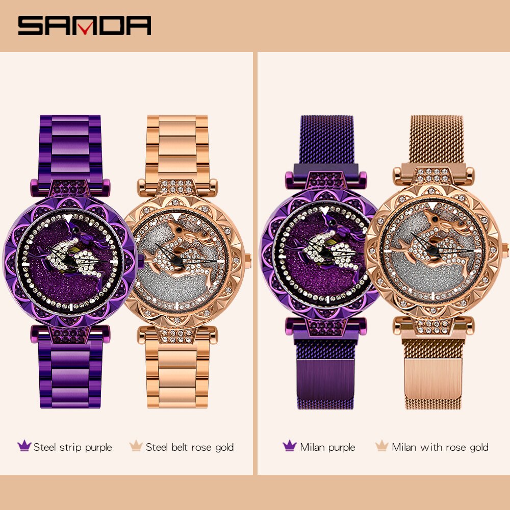 Sanda dameshorloge met kristal, diamant, draaibare wijzerplaat, leren stalen magneet, waterdicht quartzhorloge