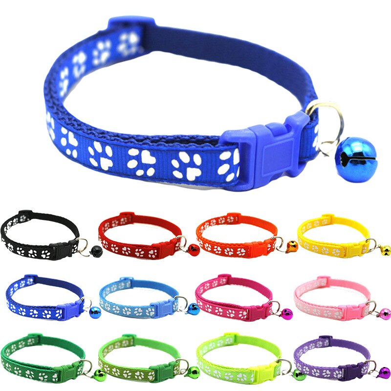 Collier de chat de compagnie mignon patte impression chat cloche collier réglable en Nylon ruban collier pour chats petits chiens chiot cou sangle 1.0cm 19-32cm