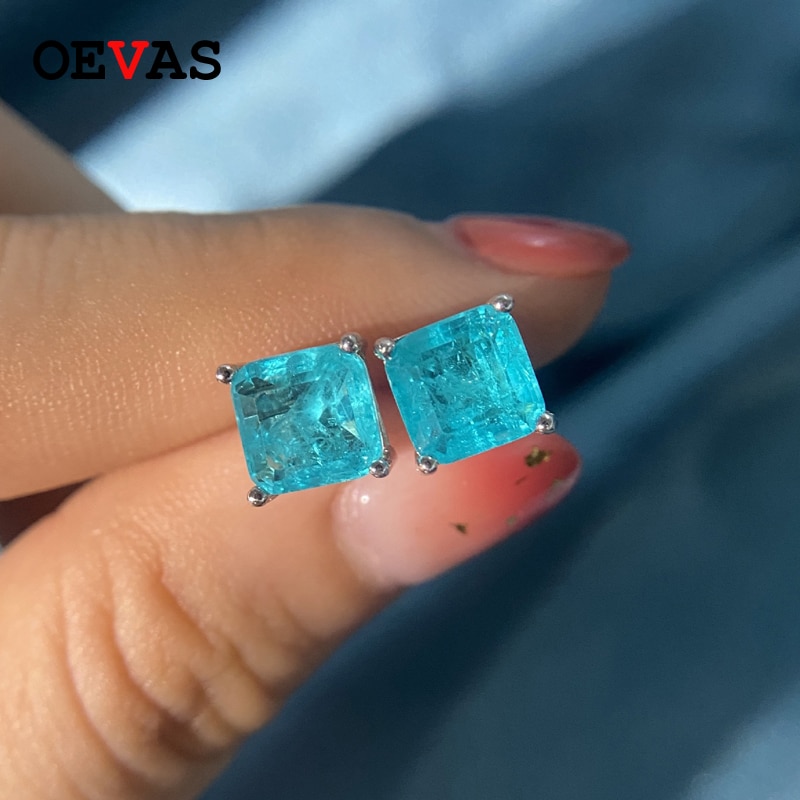 Oevas Vintage 100% 925 Sterling Zilver Paraiba Toermalijn Edelsteen Geboortesteen Oorstekers Oorbellen Dames Fijne Sieraden