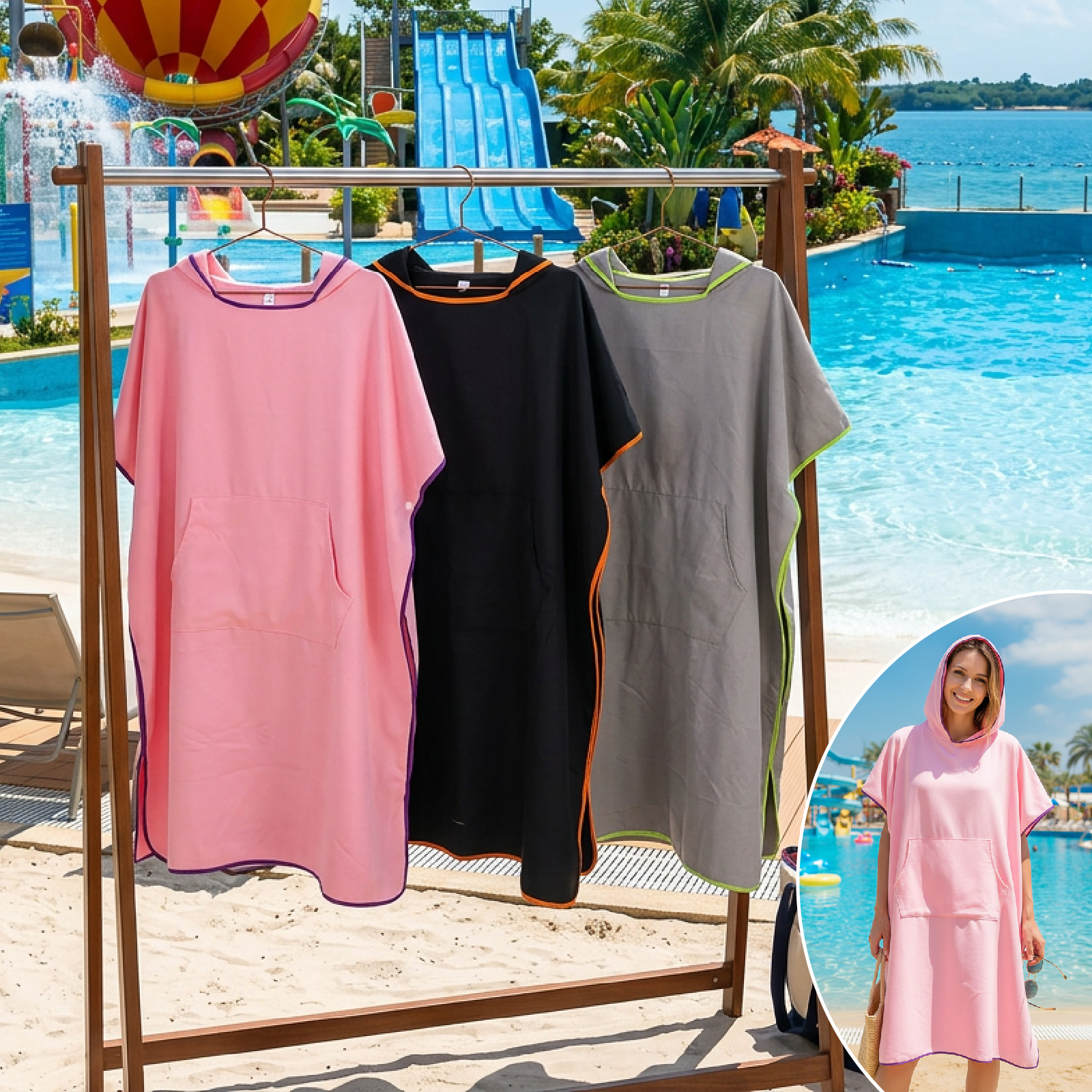 Grijze snel drogende strandponcho, lichtgewicht oversized badjas met zakken, surfhanddoek, omslagdoek, zonnedeken