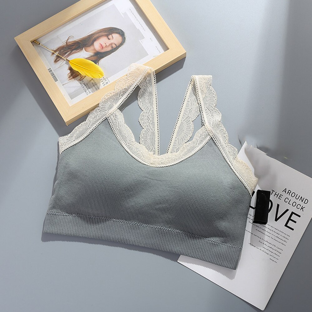 Tops Women 2022 Sexy Crop Top Feamle Push Up Bra Seamless Sports Lingeire Lace Bras Solid Wireless Bralette Tube Camis Top Tank: gray