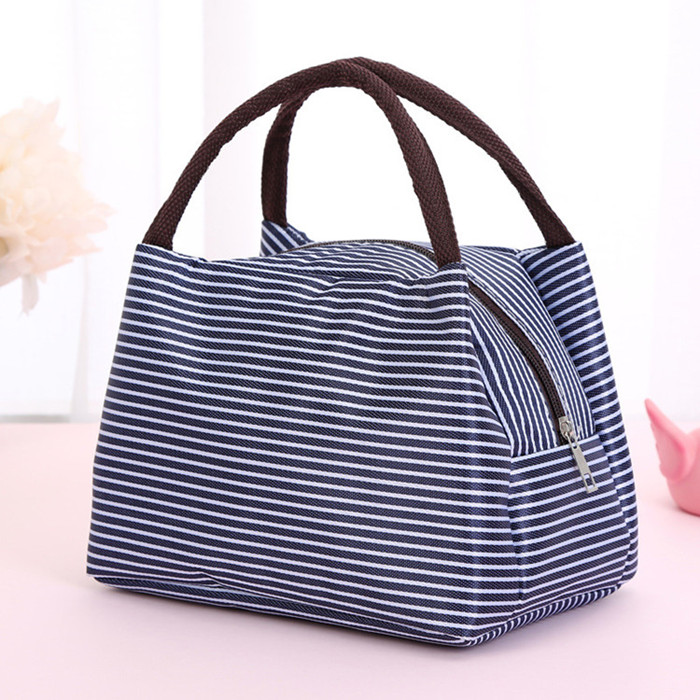 Leisure Women Portable Lunch Bag Canvas Stripe Insulated Cooler Bags Thermal Food Picnic Lunch Bags Box Kids Ice Pack Tote: Deep Blue