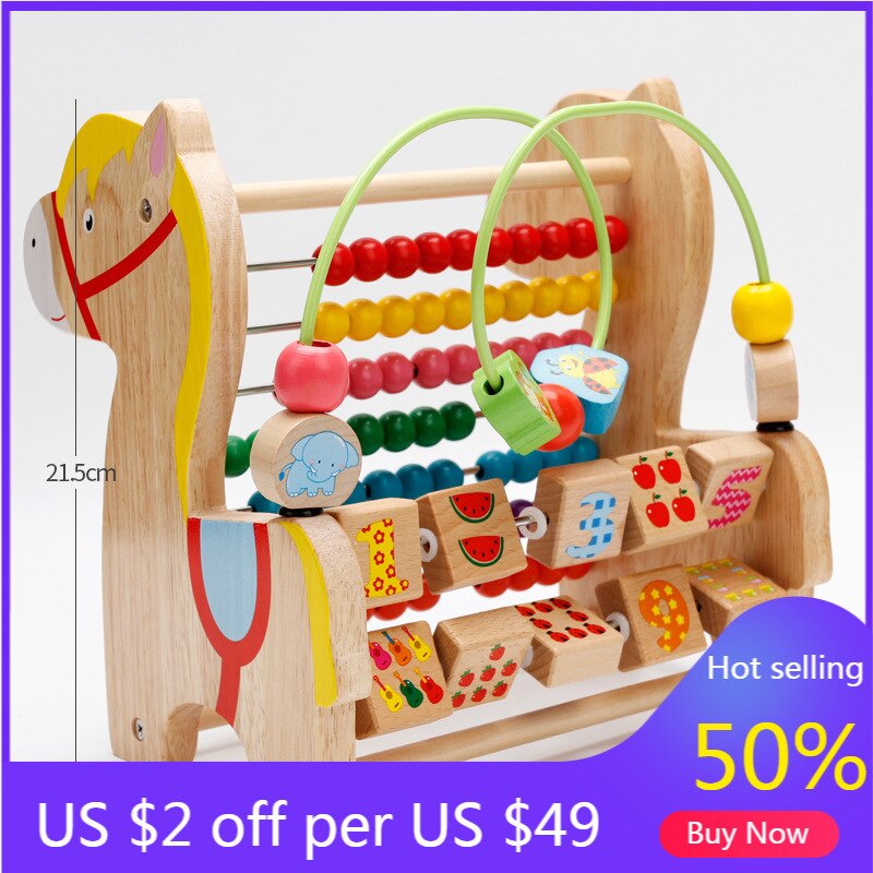 Cartoon Wood Horse Computing Frame Early Training Educational Toys Trojan Horse Round Bead Calculation One Piece Baby Block