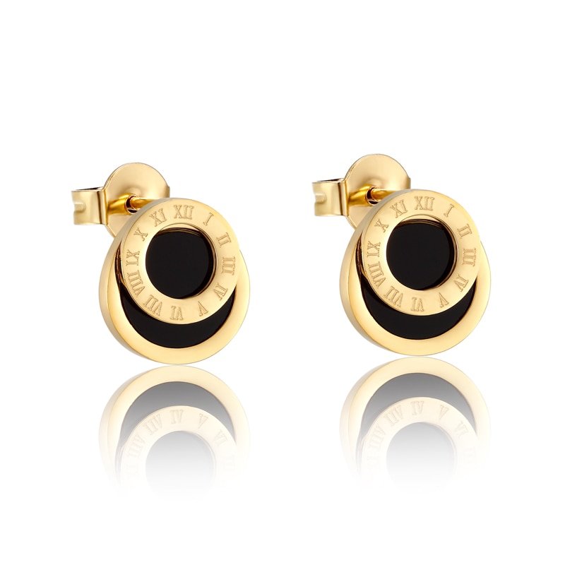 Brincos de algarismos romanos esmaltados pretos de alta qualidade para mulheres/homens meninas joias piercing titânio aço cor dourada brinco