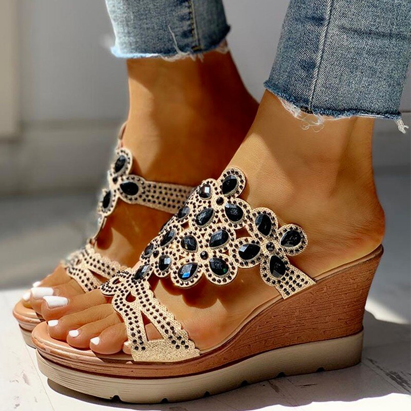 directe Talons Hauts Compensés Sandale Plate-Forme De Loisirs Strass D'été Sans Lacet Mules Pantoufles femmes Chaussures Femme