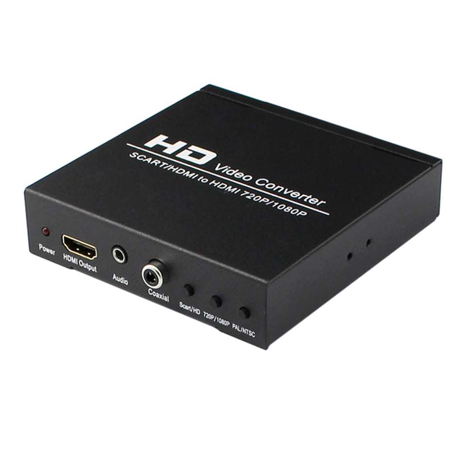 PAL/NTSC SCART + HDMI to HDMI Video Converter Box 1080P Upscaler with 3.5mm Coaxial Audio Output For Game Console, DVD, STB: US Power Plug