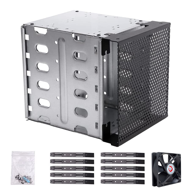 LX0B Hard Drive Cage Stainless Steel 5x3.5 Inch SATA SAS HDD Cage Rack Hard Driver Tray with Fan Space