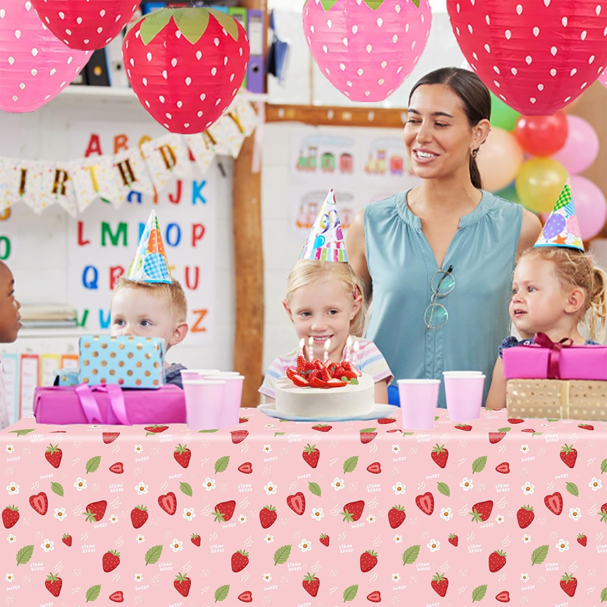 Jordgubbsduk happy 1st födelsedagsfestdekoration barn vuxna bondgård halmduk molntema babyshowertillbehör