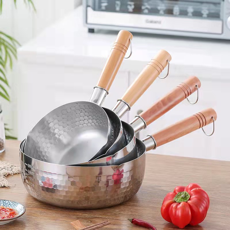Padella in acciaio inossidabile Padella da neve giapponese Manico in legno Coperchio Pentole per stufato Frittura Wok Pentola per latte Utensili da cucina Pentole pratiche