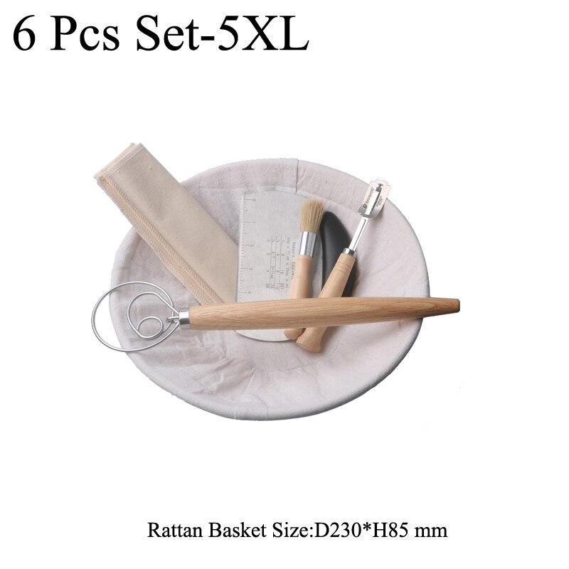 Banneton-herramientas para panadero de pan de campo europeo, cesta redonda de mimbre a prueba de agua, juego de 6 piezas con cepillo delineador, espátula para masa: Round 6pcs Set-5XL