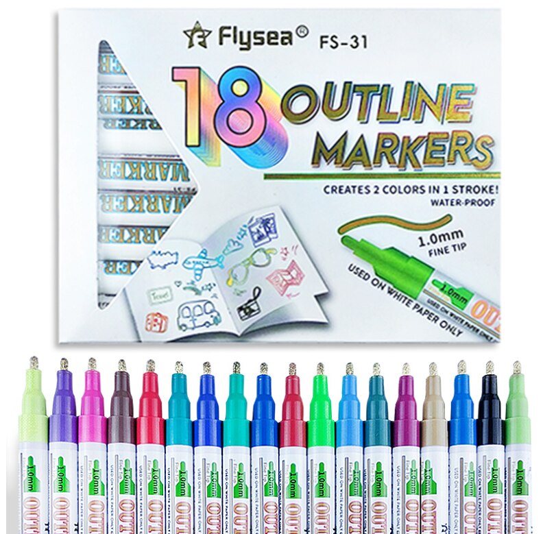 Double Line Outline Pens Doodle Outline Markers Pens Highlighter for Art, Drawing, Greeting Cards, Craft Projects, Posters: Golden 18 Colors Set