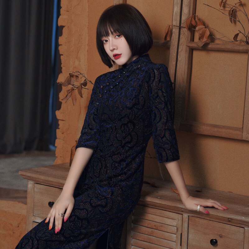 Oriental Long Dress Traditional Chinese Velvet Cheongsam Winter Qipao Dresses Cheongsams Velour Qi Pao