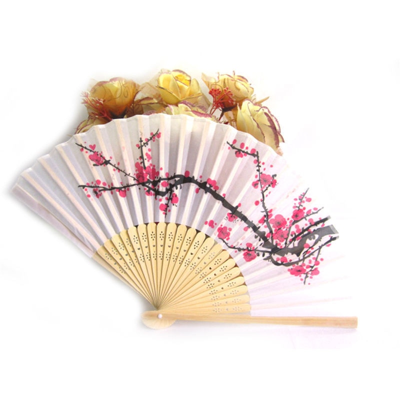 Kirsebærblomst print folde hånd vifter blomster print vintage fan hvid polyester fans sommer piger dans fan