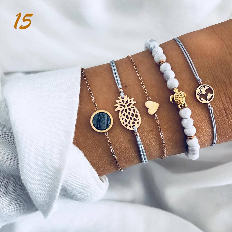 4 unids/set Bohemia Vintage pulseras para las mujeres de la joyería de Boho granos geométricos de la mano de la cadena encanto pulsera brazaletes conjunto Набор: 15