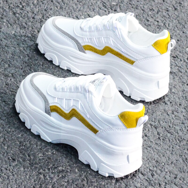 tykk joggesko kvinner plattform høy hæl tykk såle langt beige svart hvit sneaker fritidssko chaussures femme