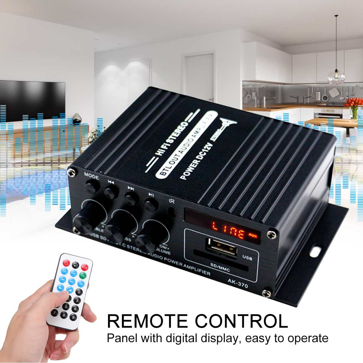 AK370 400W 2*200W HIFI Car Stereo Audio Power Amplifier bluetooth Subwoofer Bass Car Home Sound Speaker FM USB SD Remote Control