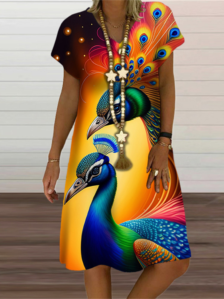2024 Dames Zomer Pullover Dames Jurk 3d Pauw Print Party Casual Losse V-Hals Korte Mouw Mode Plus Size Jurken