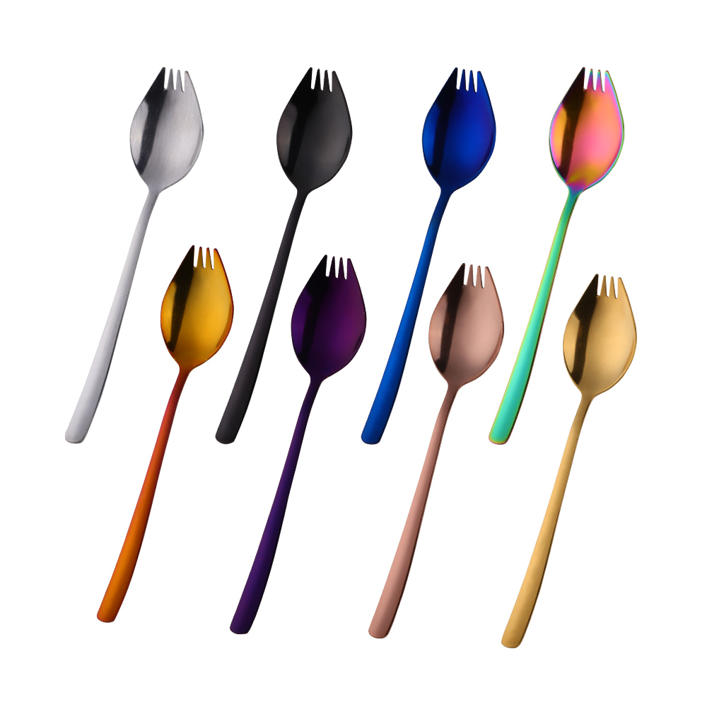 8PCS Stainless Steel Dinner Spork Camping Tableware 2 In 1 Colorful Rainbow Dessert Salad Fork Unique Spoons Bento Accessories: mix color 8pcs