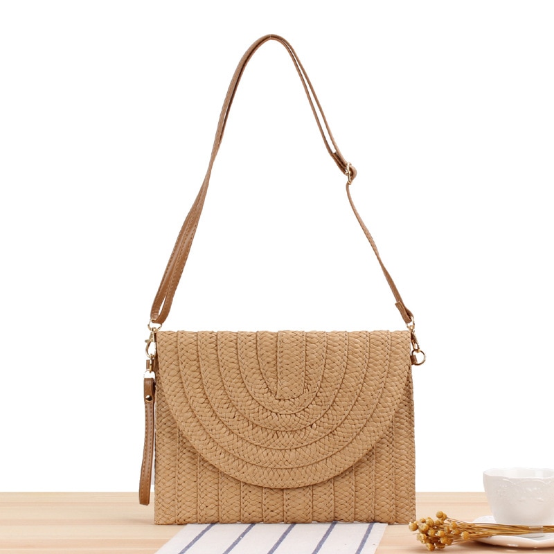 Bolso para mujer tejido de paja de papel trenzado hecho a mano, sencillo, informal, para playa