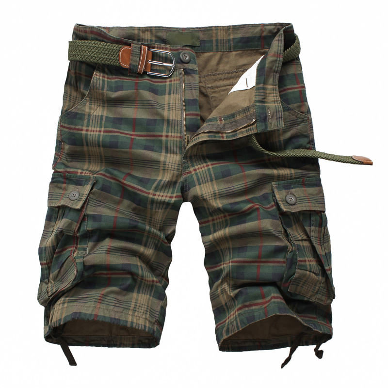 Pantalon moyen pour hommes, été, coton, confortable, Sports de plein air, plage, tendance, short à carreaux, ample, droit, grande taille, Cargo: 31 / Black